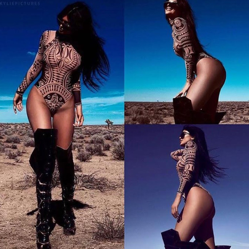Hot Sale Fashion Sexy Perspective Jumpsuits Elegant Women Tattoo Totem Printed Jumpsuits Romper Long Sleeve Slim Bodysuit Overalls Playsuit-image-404675504