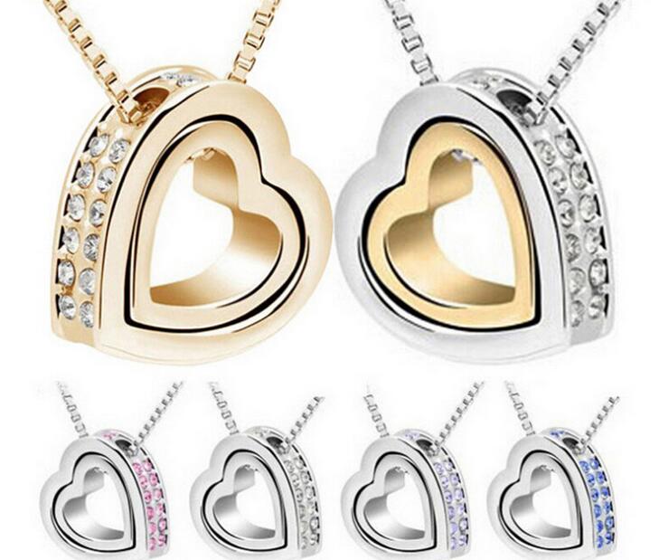 NOUVEAU collier de pendentif en cristal double coeur plaqué or blanc 18 carats avec des éléments SWV Collier cristal Pendentifs 10pcs Livraison g