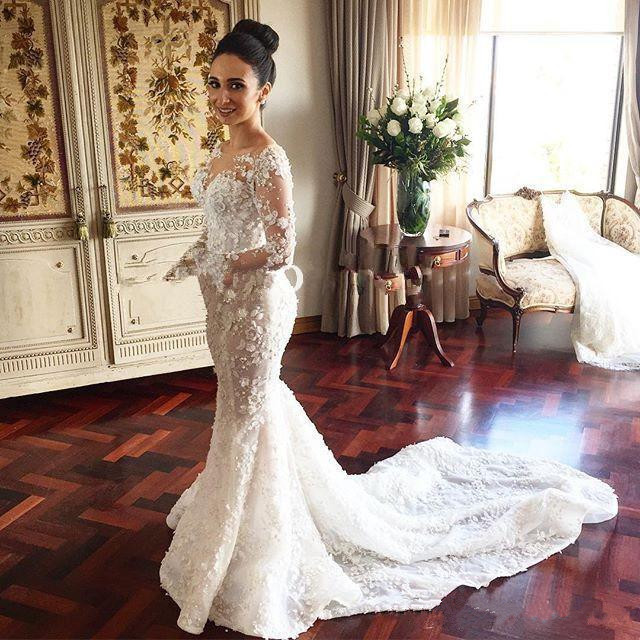 

Steven Khalil Mermaid Wedding Dresses Stunning 3D Floral Appliqued Sheer Illusion Long Sleeve Bridal Gowns Custom Made Lace Wedding Dress, Champagne