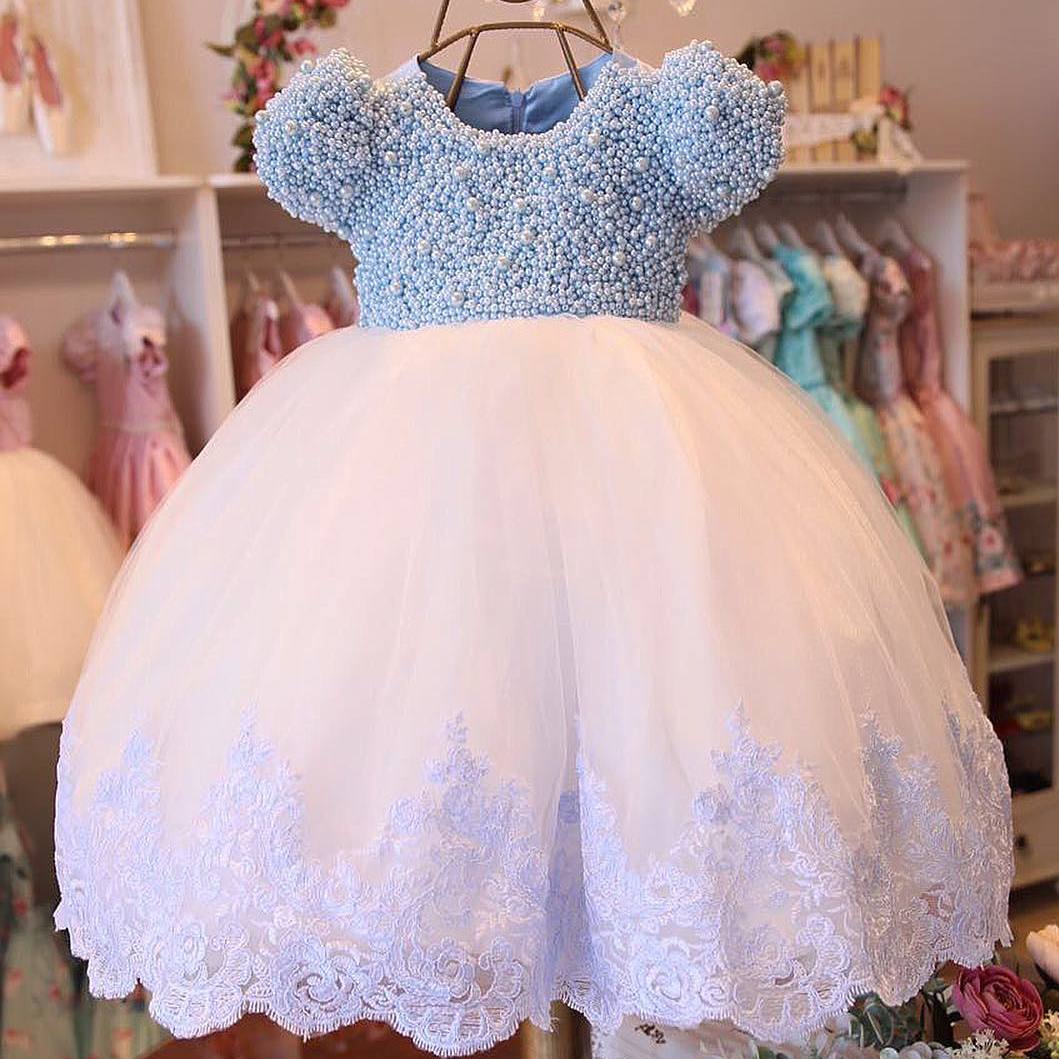 

Lovely Pearls Ball Gown Flower Girl Dresses For Weddings Lace Girls Pageant Dress Tulle Short Sleeves First Communion Gowns, Fuchsia