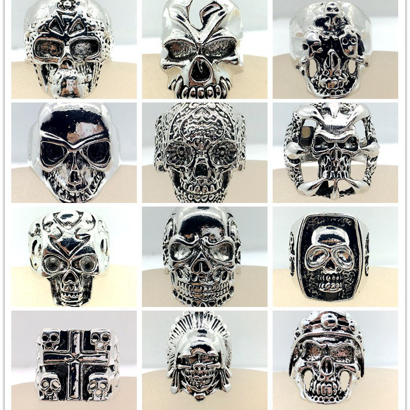 

Wholesale 30pcs Men's Top Mix Style Big Size Skull Carved Biker Silver Plated Rings jewelry Punk Skeleton Ring