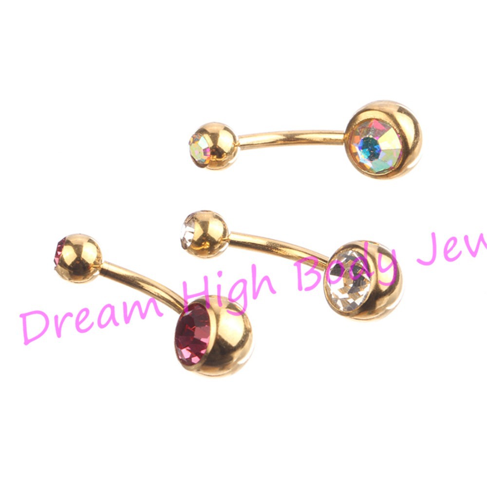 

Gold Belly Rings bar Anodized Double Gem Belly Button Navel Body Piercing Jewelry Clear AB Pink 14G 316L Stainless Steel DH1118