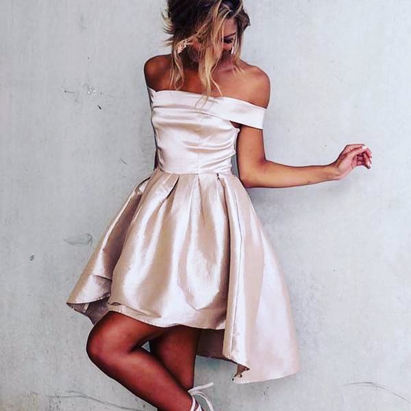 

Stylish Overskirt Homecoming Dresses Off The Shoulder Short Prom Gowns Cheap Mini Satin Formal Cocktail Dress, Daffodil