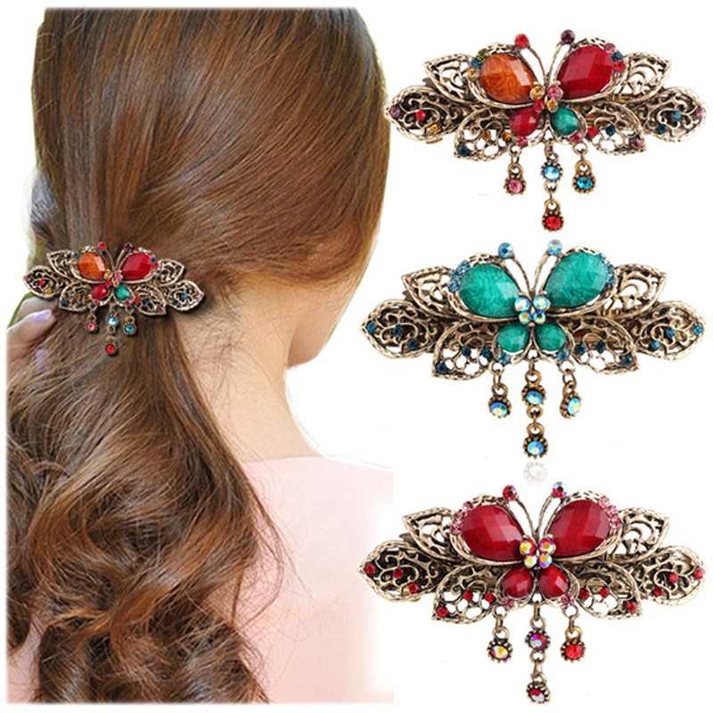 

Antique Bronze Barrettes Gemstone Butterfly Hair Jewelry Rhinestone Bowknot Hair Clips Lady Top Hairpins Women Headwear Tiaras Wholesale