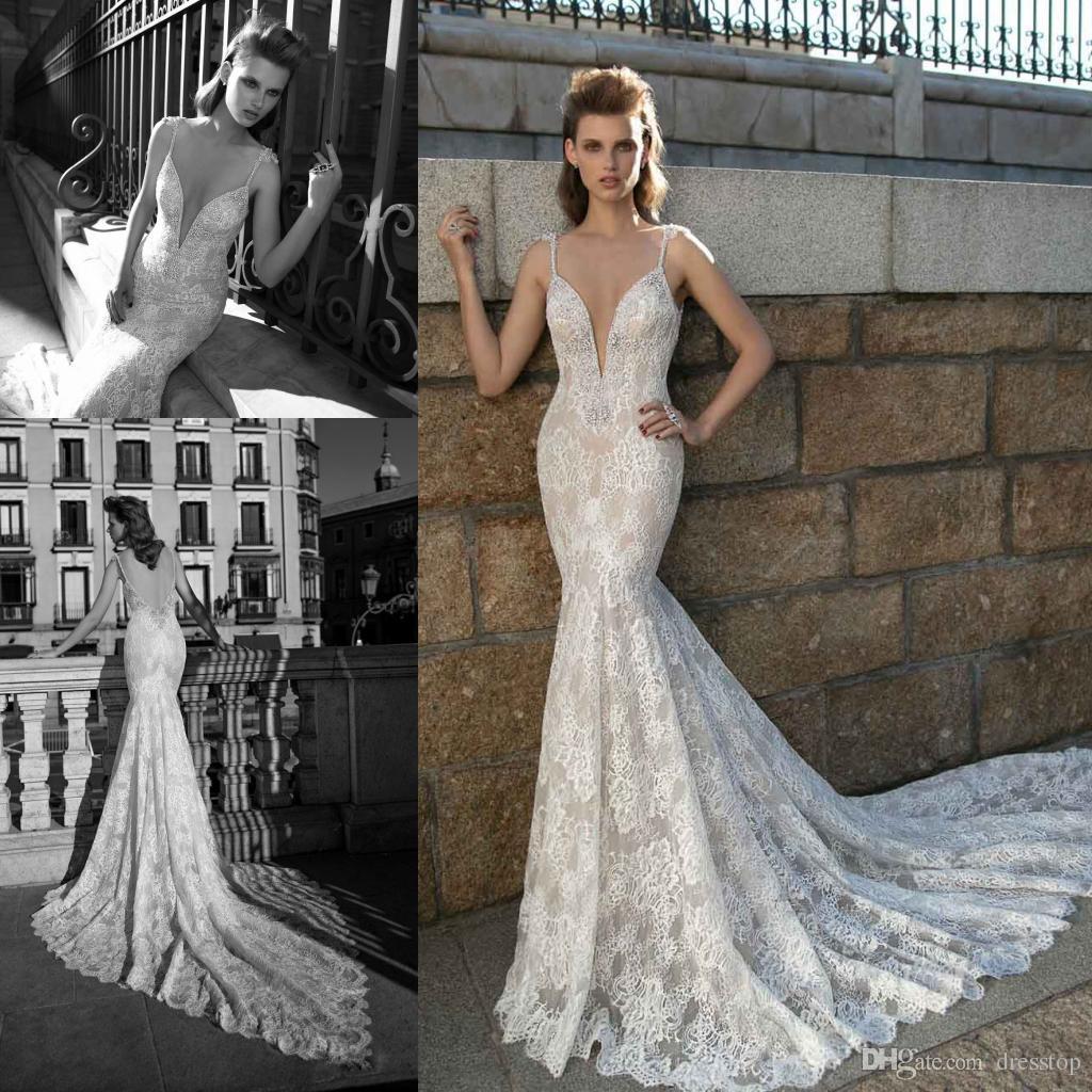 

Berta Backless Lace Wedding Dresses Beaded Plunging Neckline Mermaid Bridal Gowns Sweep Train Rhinestones Wedding Dress Custom Made, White