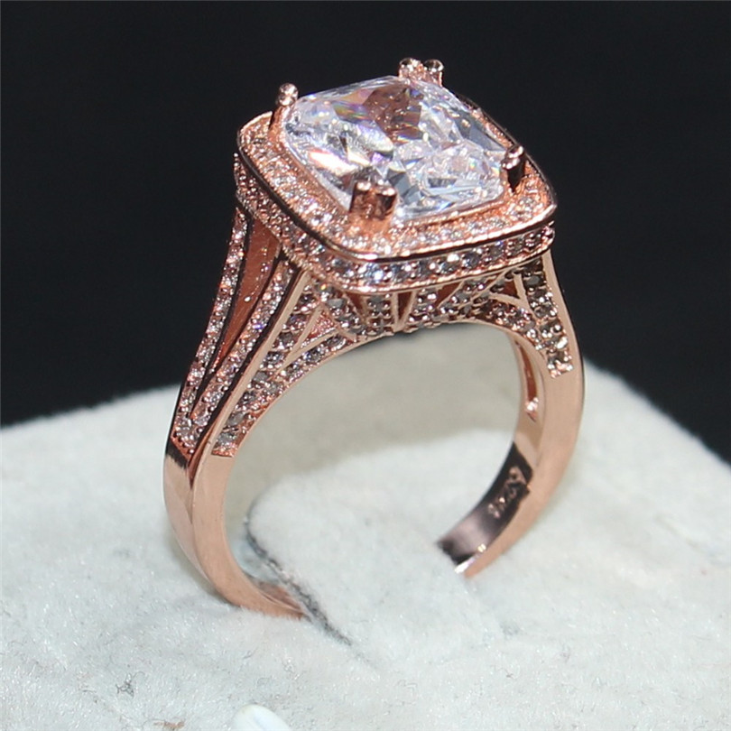 

Fashion Jewelry 925 Silver & 14KT Rose gold filled rings Luxury Pave 192PCS 5A CZ white Big 8CT square Diamond Wedding Bands ring for Women