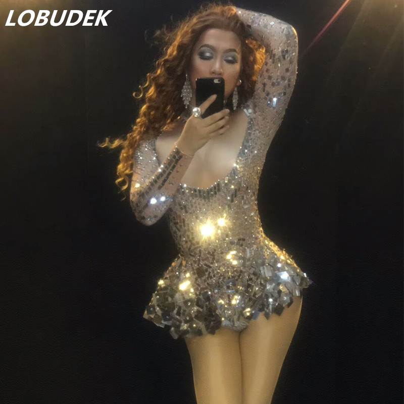 

Silver Sequins Rhinestones sexy female costumes Bright crystals diamond singer nightclub bar show DJ dress performance star Runway dresses