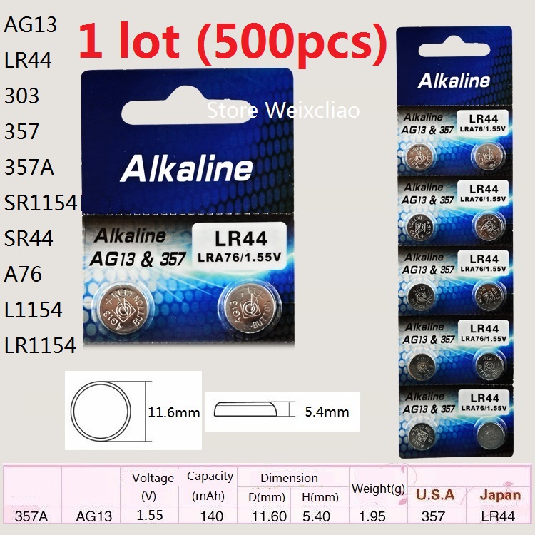

500pcs 1 lot AG13 LR44 303 357 357A SR1154 SR44 A76 L1154 LR1154 1.55V alkaline button cell battery coin batteries Free Shipping