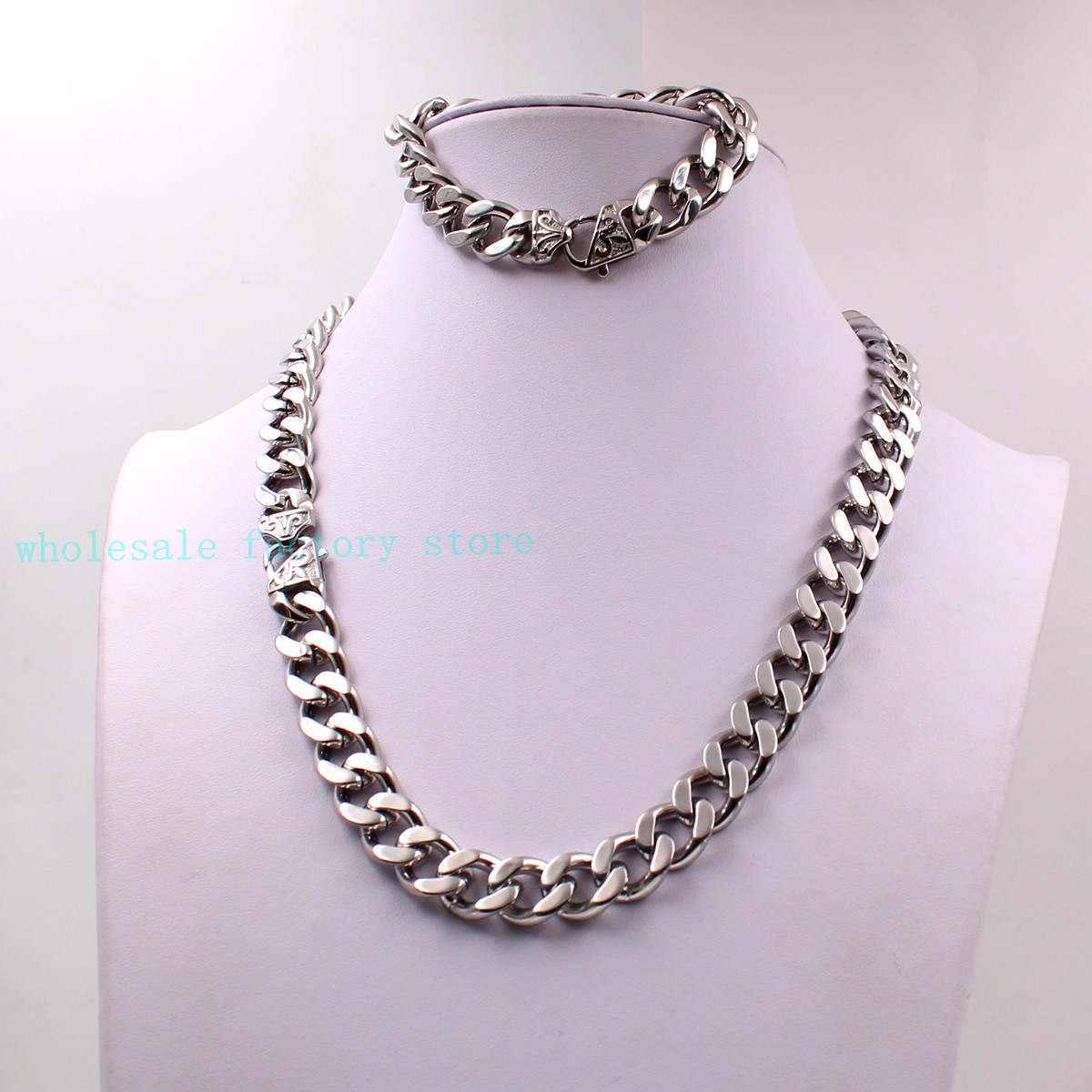

Charming Gifts Necklace Curb Cuban 10mm/15mm Bracelet Huge Link Strong Clasp Steel Stainless Silver Jewelry Set Retro Chain Nftwc