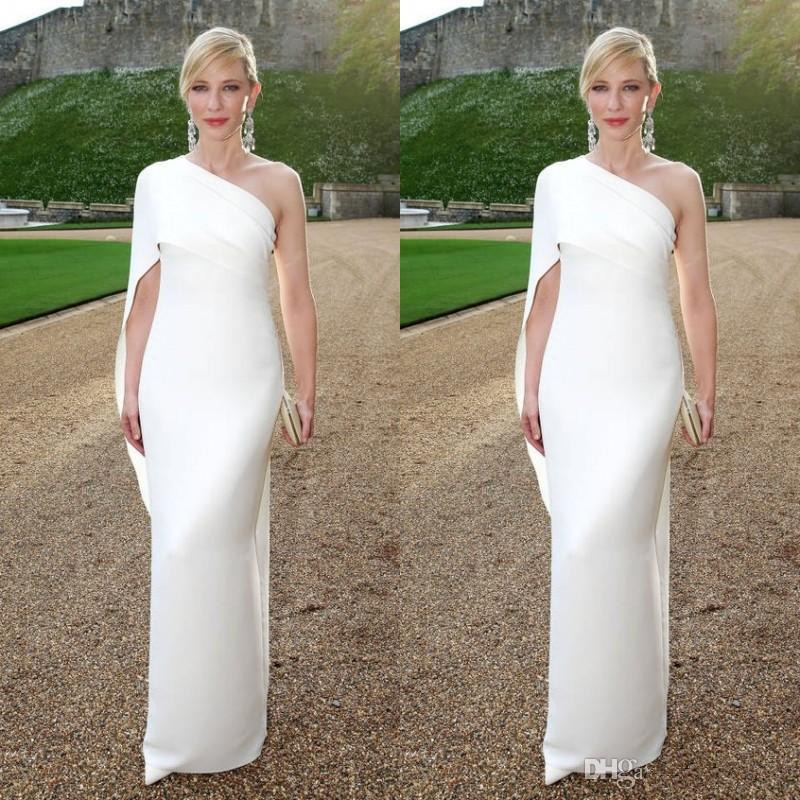 Elegant White Sheath Evening Dresses 2019 New Cheap Floor Length Satin One Shoulder Formal Celebrity Party Prom Gowns Custom Made E109