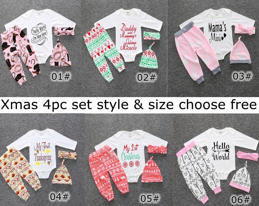 2017 Xmas Ins 4Pcs Set Bébés garçons filles prennent à la maison la tenue le premier premier mon barboteuse de Noël + pantalon de flocon de neige