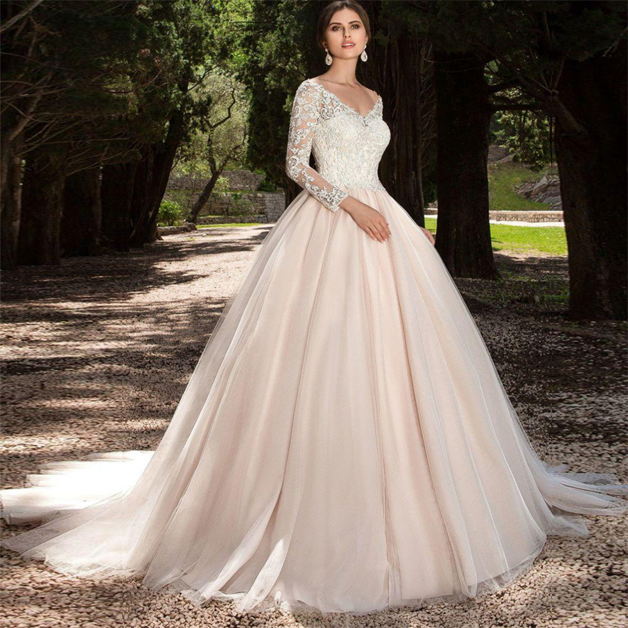 

Tulle Long Sleeve Blush Color Wedding Dress V-Neck Ball Gown Appliques Lace casamento Bridal Gowns Illusion Back vestido de noiva, Custom made from color chart