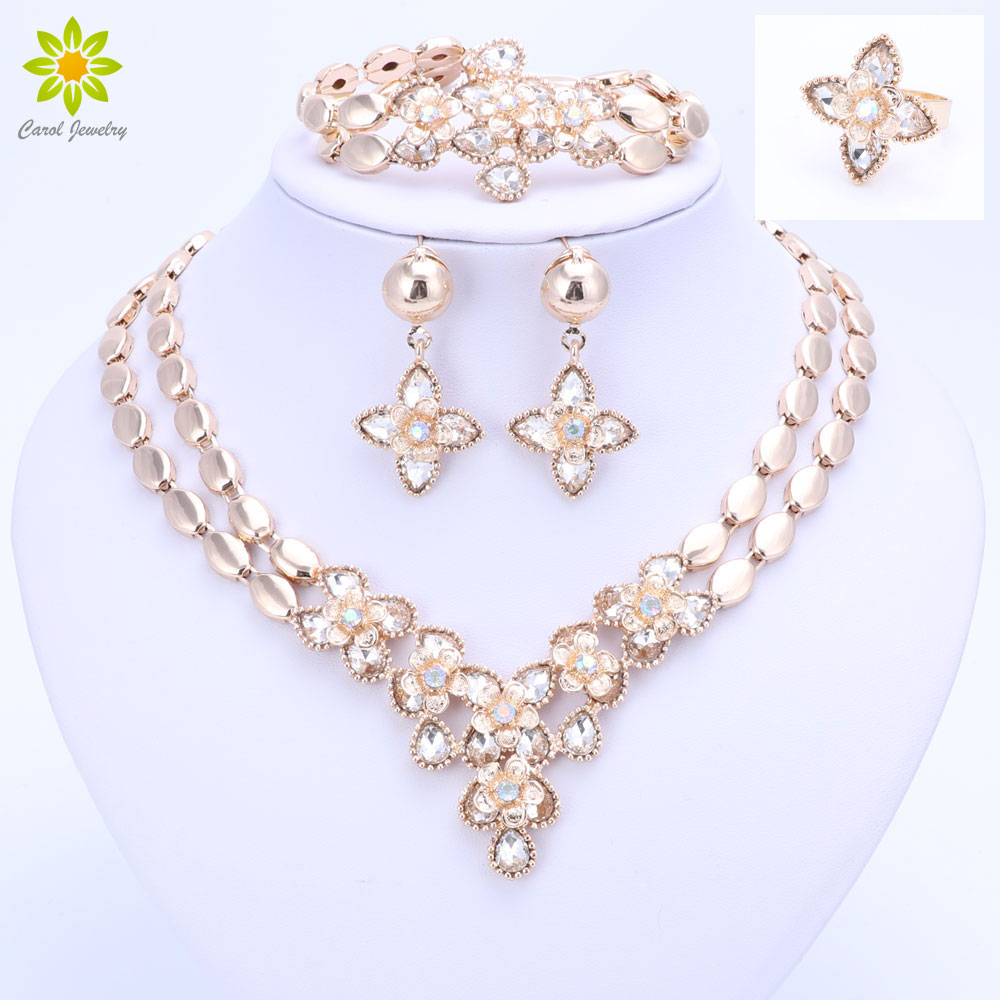 Flower Pendant Jewelry Sets For Women Necklace Earrings Bracelet Ring Gold Plated Africa Dubai Party Wedding Bridal Accessories