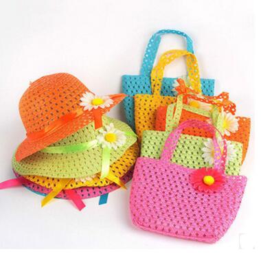 

1-6 Years children Lovely Sunflower Flower Children sunhat Kids Girl Casual Beach Sun Straw Hat Cap + Straw Tote Handbag Bag Set free shippi, White