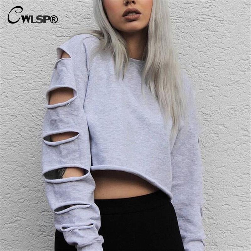

Wholesale- CWLSP Sexy Sweatshirt Women Long Sleeve Holes Hollow Out Crop Top Midriff Women Hoodies Sweatshirt polerones mujer kpop, Gray