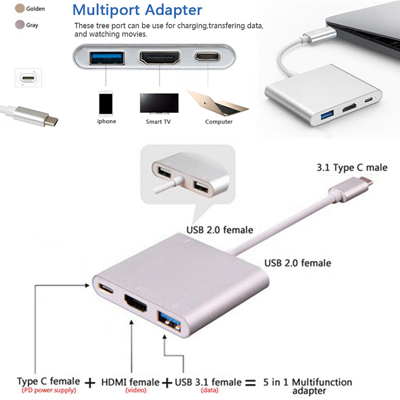 

USB 3.1 Type-C to HDMI USB-C Digital Multiport Adapter 4K Female 2 Port USB 3.0 HUB & USB-C OTG Charger for Macbook, Mixed color