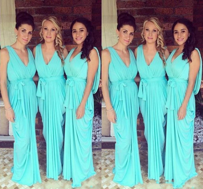 

2017 Bridesmaid Dresses V Neck Teal Turquoise Chiffon Open Back Party Dress Long Plus Size Formal Maid of Honor Gown Wedding Guest Dress