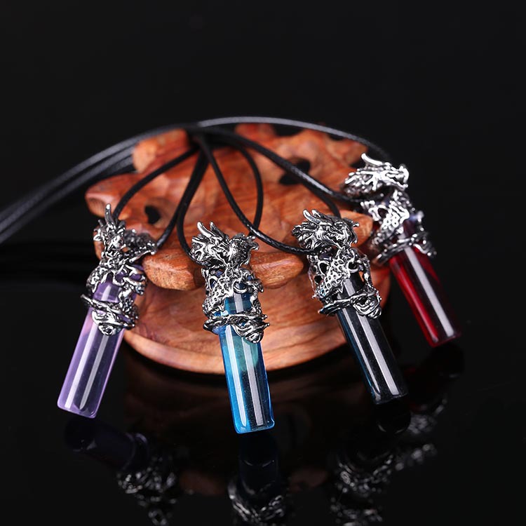 

Europe fashion vintage personality Crystal column dragon pendant necklace Joker titanium steel necklace mixed color, Silver