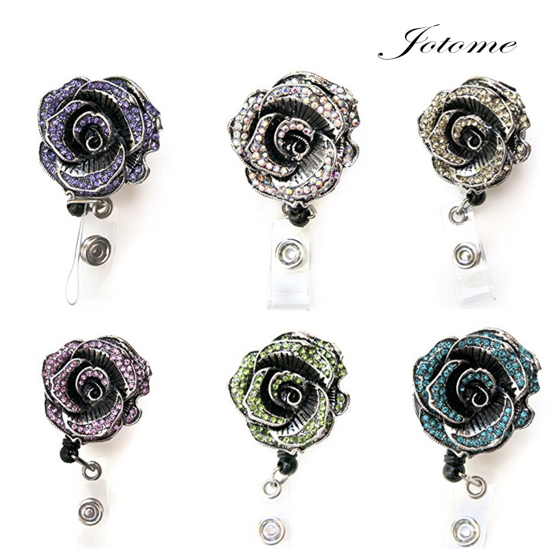 

100pcs lot china wholeasale new colorful sparkly rose rhinestone retractable badge reel rhinestone id badge holder nurse retractable