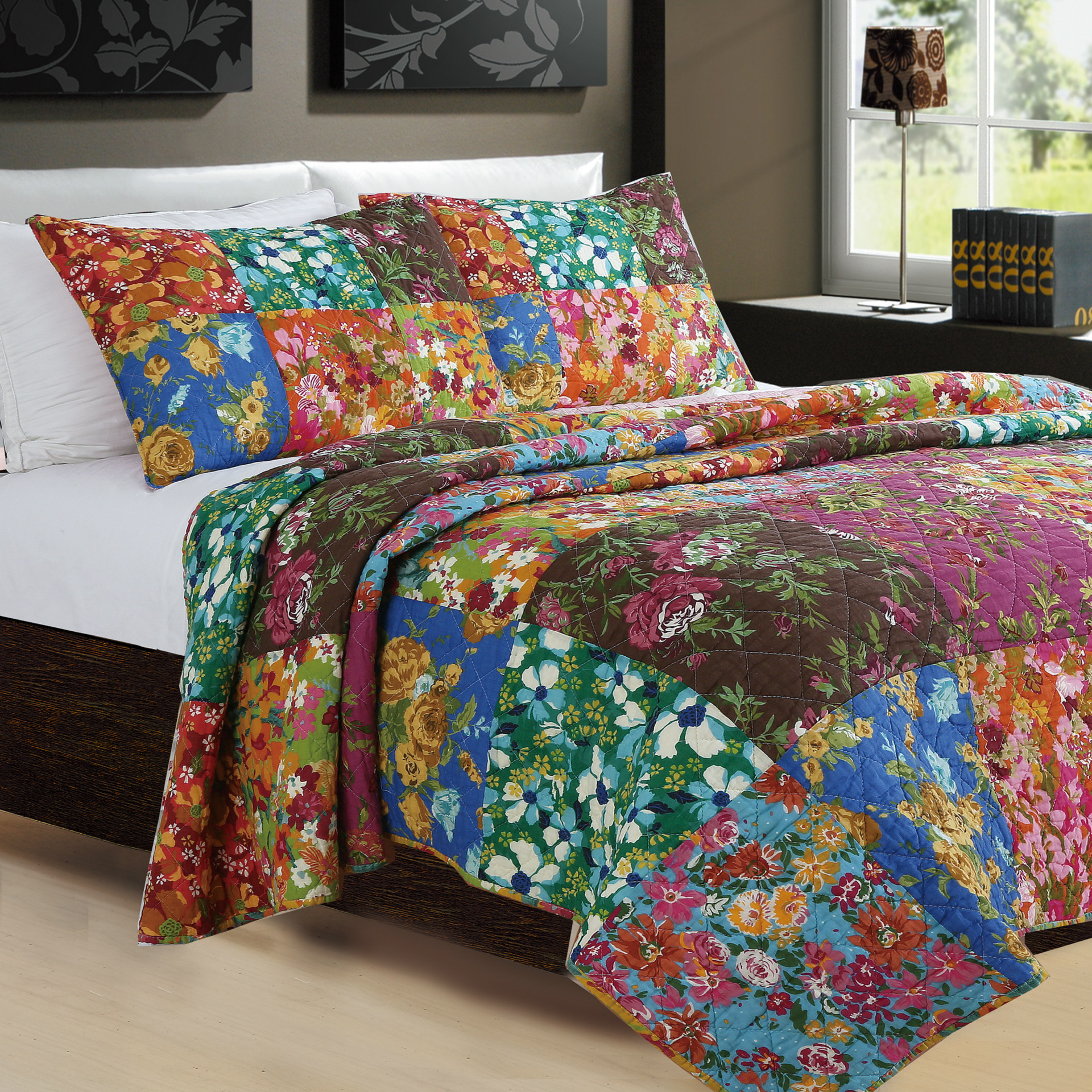 

100% Cotton Color Flower Full Queen Handmade Patchwork Quilt Pillow Case Bedspread Bedding Set Supplies JF005