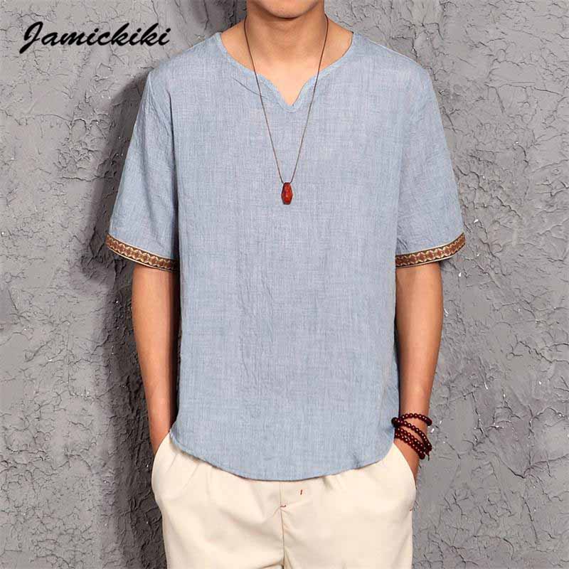 Vente en gros - T-shirts pour hommes de style coréen 2016 Mode d'été pour hommes T-shirt en coton et lin à col en V Homme Baggy Tops Tees de haut
