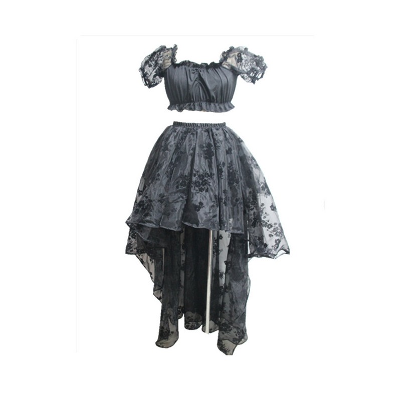 

Lolita Lace Mesh Rose Floral Sleeves Crop Top with Floor Length High Low Asymmetrical Ruffler Multi Layer Mesh Floral Lace Hi-low Skirt, Black long sleeve