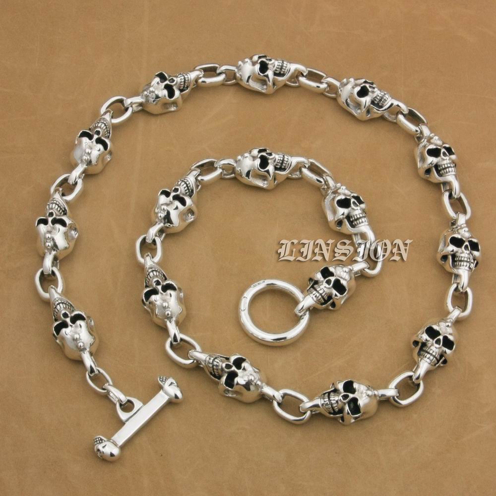 

LINSION Handmade 925 Sterling Silver Skulls Mens Boys Biker Rock Punk Necklace 9N022N