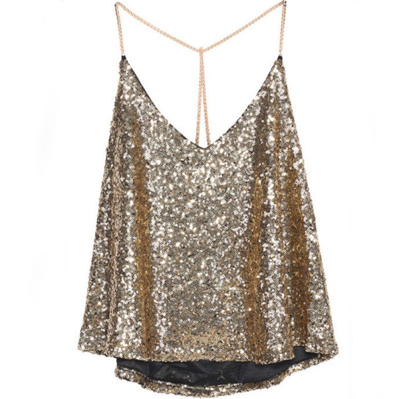 Vente en gros - Nouvelles dames Bling sans manches col en V profond Sexy Camis Paillettes Tee Tops T-shirt Chaud
