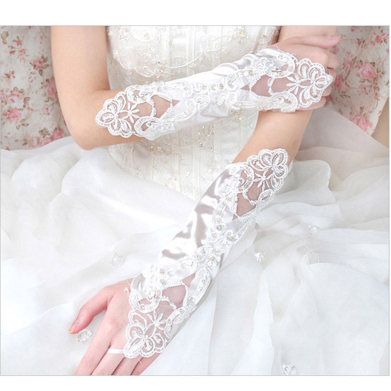 

2020 New Arrival Wedding Accessories Long Beading Elbow Length Bridal Gloves Appliques Lace Fingerless Wedding Gloves, Ivory
