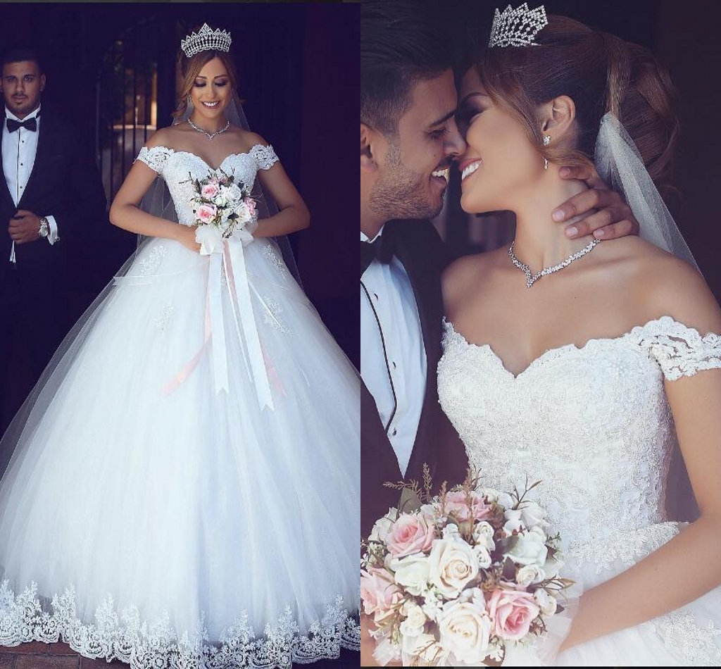 

New Vintage Lace Arabic 2018 A Line Wedding Dresses Sweetheart Pearls Ball Gown Tulle Bridal Dresses Cheap Wedding Gowns, Ivory