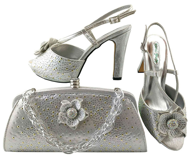 silver grey shoes and handbags