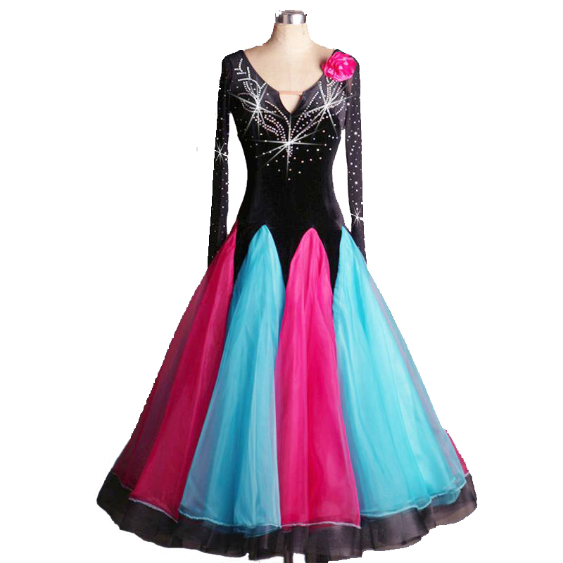 

Luxury Standard Ballroom Dress Waltz Dress Ballroom Dance Competition Dresses D348 Flamenco Rhinestones Long Sleeve Colorful Big Hem, Black