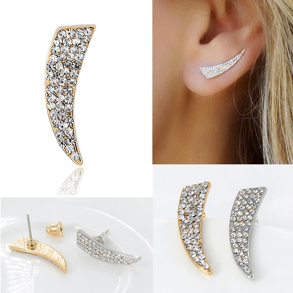 Punk Trendy Crystal Rhinestone Knife Shaped Stud Earrings for Women Simple Metal Geometric Spike Earrings Gold Silver Plated Fashion Jewelry