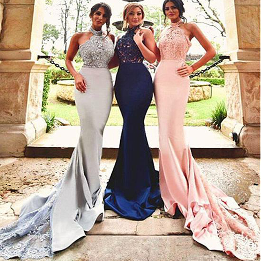 

Halter Neckline Mermaid Evening Dresses With Beaded Lace Appliques Cutout Back Sexy Slim Bridesmaid Dress wedding party dress