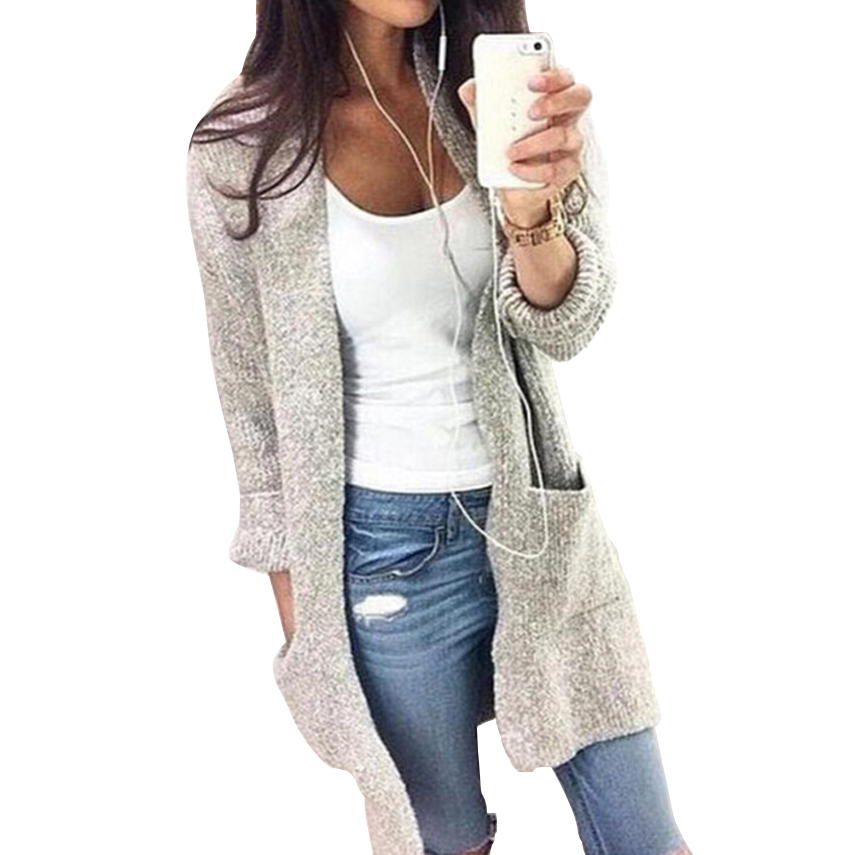 

Wholesale-2016 Autumn Winter Fashion Women Long Sleeve Loose Knitting Cardigan Cardigan Sweater Womens Knitted Female Cardigan Pull Femme, Gray