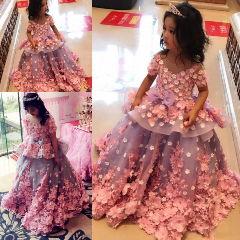 

Colorful 3D Flora Appliques Baby Girls Pageant Gowns Peplum Ball Gowns Flower Girl Dresses For Wedding Kids Prom Party Dress, Gold