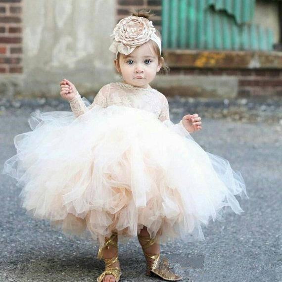 

Lovely baby infant toddler flower girl dresses for weddings with bow lace long sleeves ball gown tulle communion dress, Orange