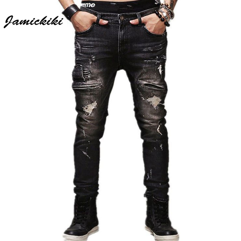 Men's Jeans Wholesale- Jamickiki Brand 2022 Fashion Skinny Men High Streetwear Male Hole Design Casual Black Cotton Trousers Homme Y610-image-402450266
