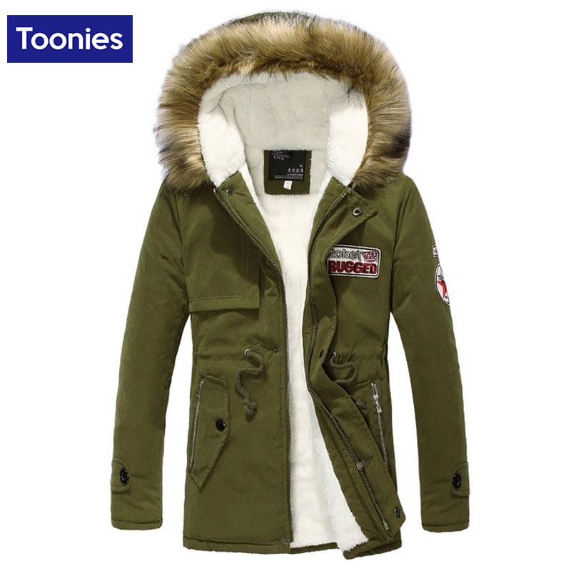 

Wholesale- Faux Fur Hooded Jacket Brand Men Clothes Zipper Outwear Midi Patch Cotton Overcoats Big Size Tooling Coat Casual Warm Parkas, Khaki