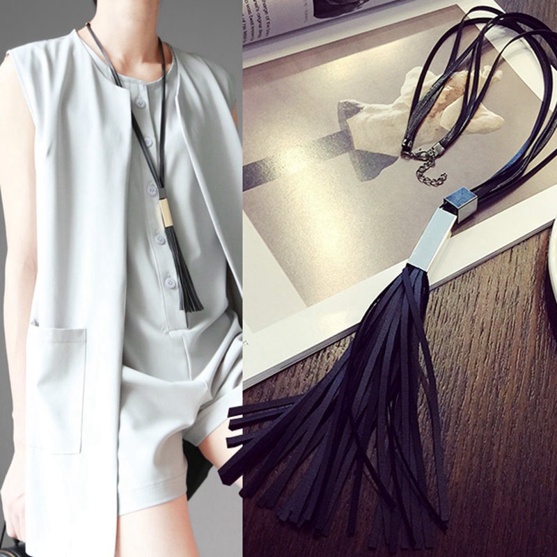 

Wholesale-New Leather Long Tassel Sweater Chain Black Pendants Necklaces Colar Feminino Gros Collier Femme 2015 Women Collane Bijoux