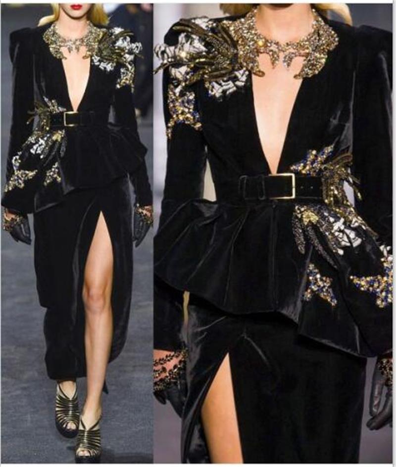 

Gorgeous Prom Dresses With Belt Velvet Long Sleeve Fall Winter Warm Evening Gown Gold Applique Beads Side Split Formal Dresses Evening Wear, Burgundy