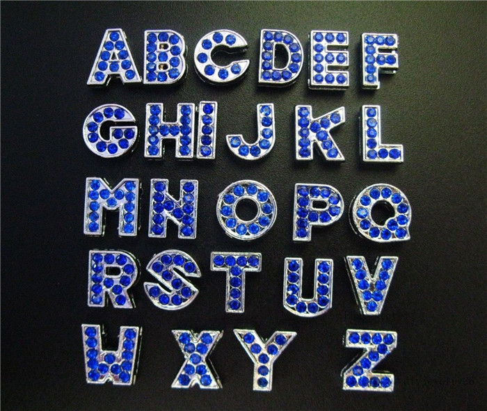 

wholesales price 130pcs 8mm A-Z zinc alloy dark blue rhinestone Slide letters DIY accessory fit 8mm belt free shipping, Silver