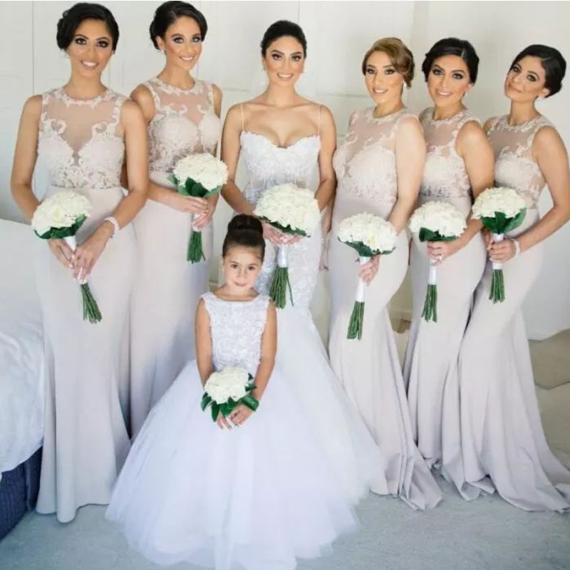 

See Through Jewel-Neck Birdesmaids Dresses Graceful Lace Applique Mermaid Long Wedding Guest Dresses Custom Made Satin Bridesmaid Dress