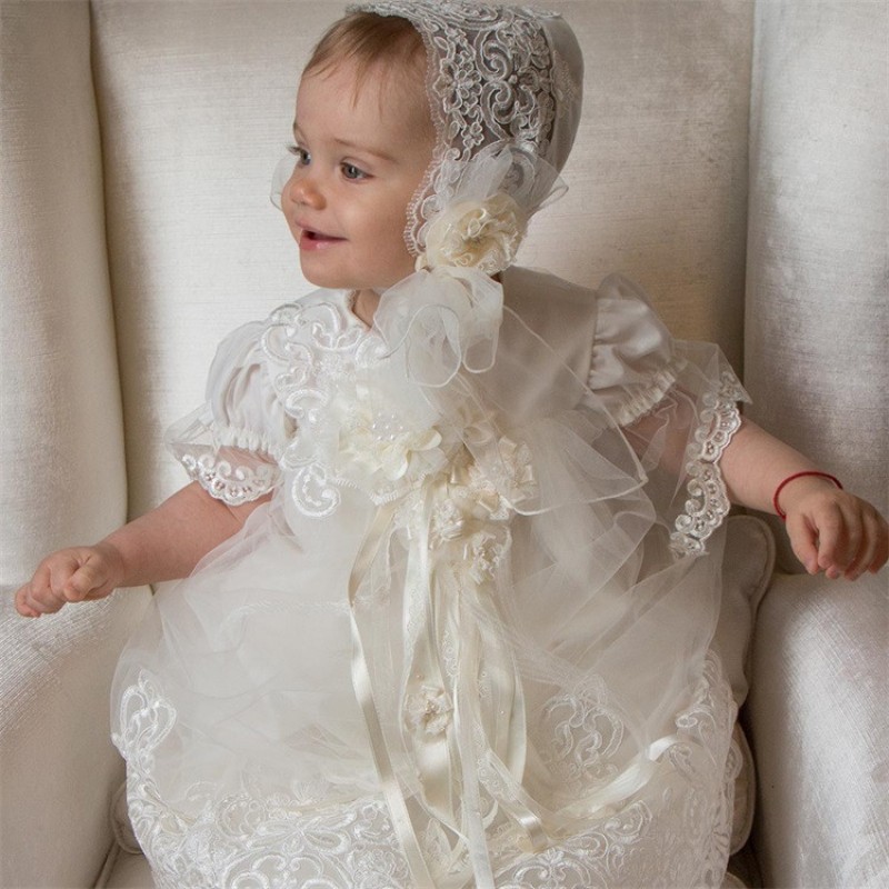 

Soft Tulle Christening Dress Cap Sleeves Hand Made Flower Kids Gown Lace First Baptism Dresses With Bonnet, White