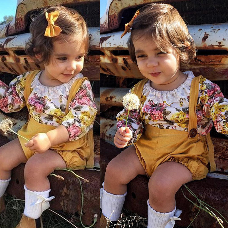 

2017 New Arrival Spring Autumn Fashion Baby Girls Floral Printing Long Sleeve Romper + Suspender Pants 2 pcs Sets Children Clothing, As photo