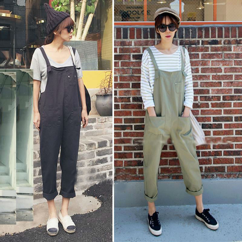Wholesale- YONO New Fashion Women Harem Jumpsuits Overalls Suspenders Loose Jeans Slim Rompers Solid Bib Mid Pants Pocket Japan Style-image-398420393