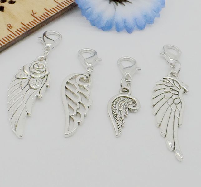

Free Shipping 60pcs Vintage Antique Silver Wing Charms lobster Clasp Dangle Charms Pendant Fit Bracelet, Bronze;silver