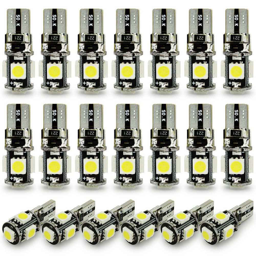 

50Pcs White Canbus Error Free Car Auto T10 W5W 194 168 2825 LED 5smd Wedge Interior Side Plate License Map Maker Parking Light Bulb 12V