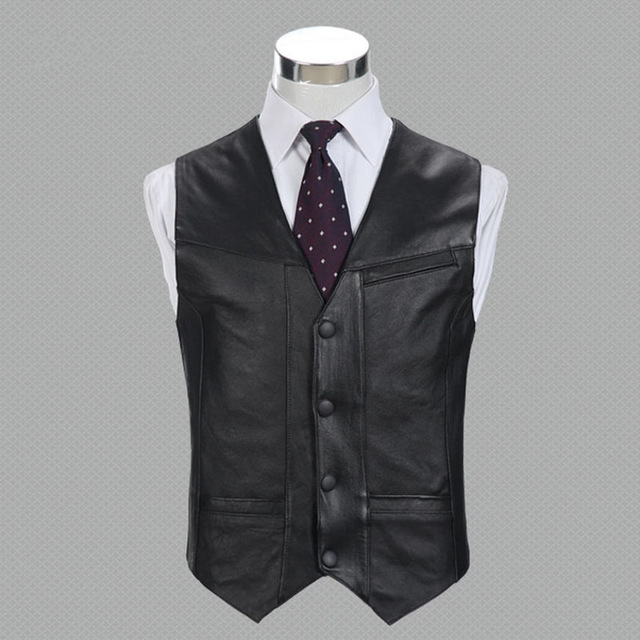 

Wholesale- 2015 Autumn Winter Genuine Leather Vests Sleeveless Leather Jacket Men Sheepskin V-Neck Single Breasted Thin Waistcoats D068, Black
