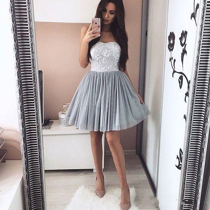 

2018 Newest Lace Tulle Short Homecoming Dresses Gray Sweet A Line Sweetheart Appliqued Top Mini Cocktail Gowns Graduation Dresses, Hunter